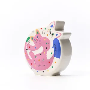 Hugging Cats Vase-A playful ceramic vase featuring two hugging cats covered in colorful doodles