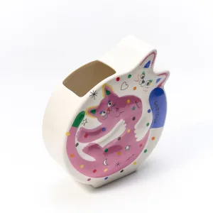 Hugging Cats Vase-A playful ceramic vase featuring two hugging cats covered in colorful doodles