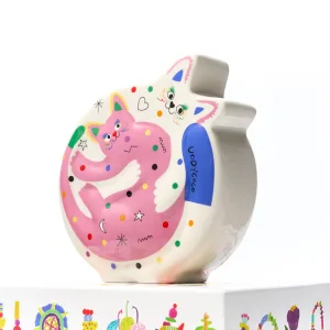 Hugging Cats Vase-A playful ceramic vase featuring two hugging cats covered in colorful doodles