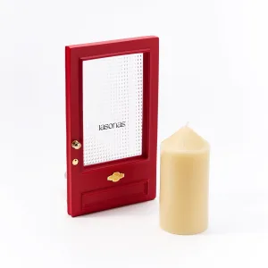 Cinematic red door Candle Holder-Inspired by The Odyssey, this red gate features a textured optical lens that transforms candlelight into a dreamy, cinematic ripple.